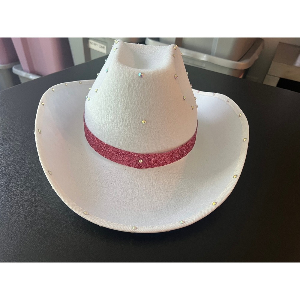 White Felt Cowboy Hat Pink Glitter Band Iridescent Rhinestone Studs Western - Picture 6 of 8